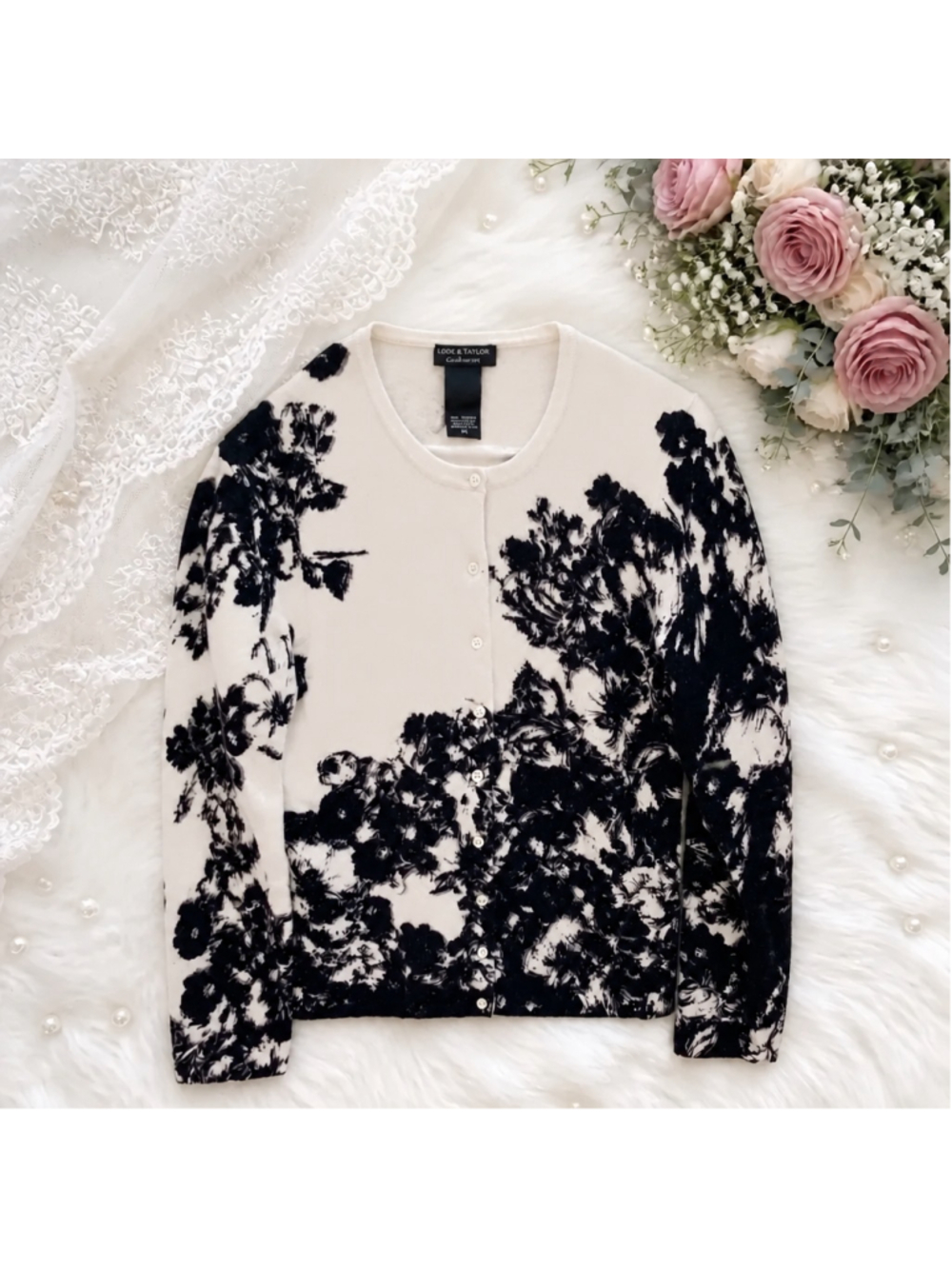 Lord & Taylor 100% Cashmere Black & White Floral Cardigan Sweater - Picture 2 of 6